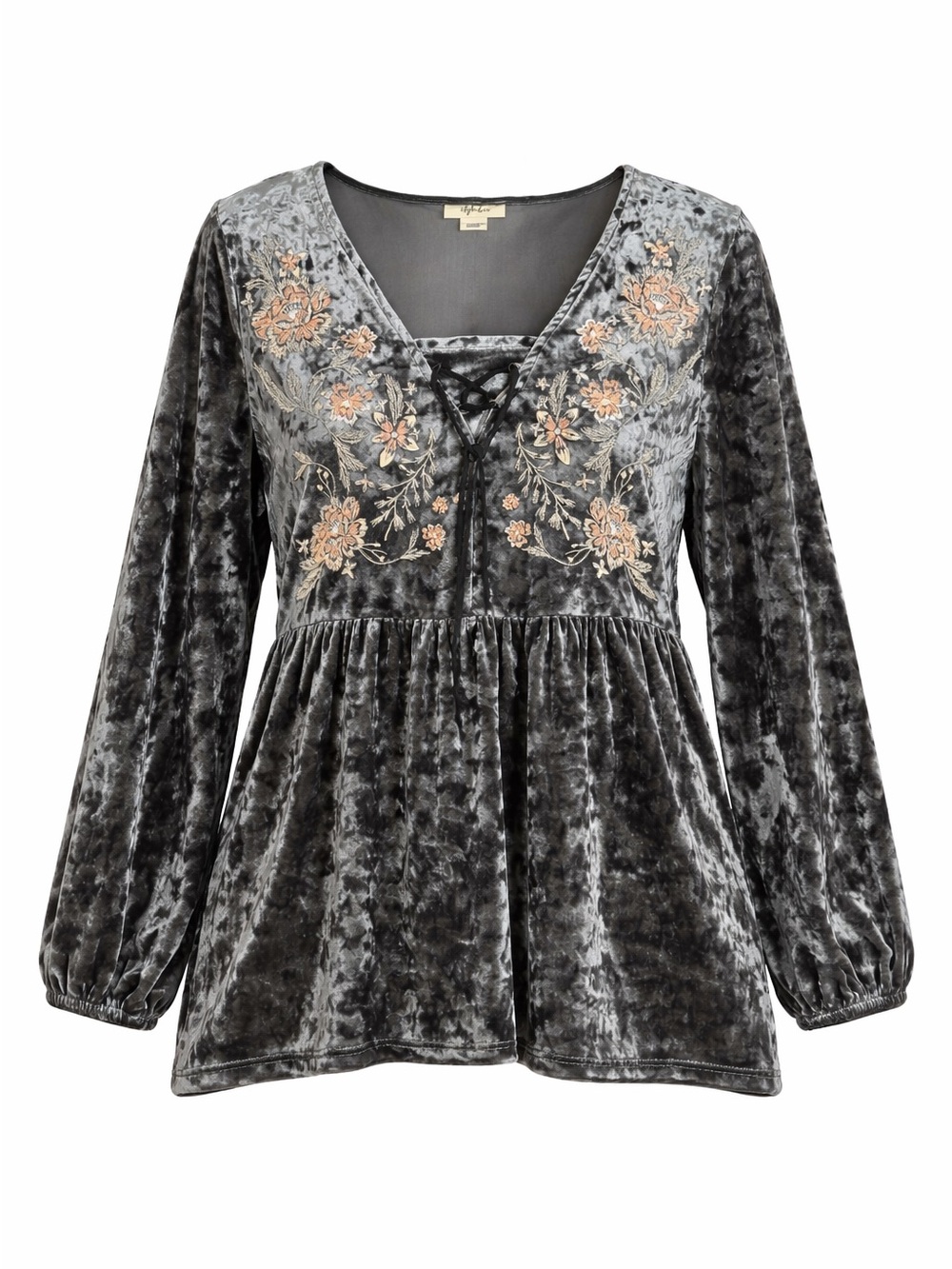 Crushed Velvet Peplum Top Grey Floral Embroidered Boho Babydoll M Whimsigoth